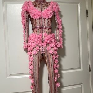 Pink rhinestone and flower embellished bodysuit. Front and back embellished.